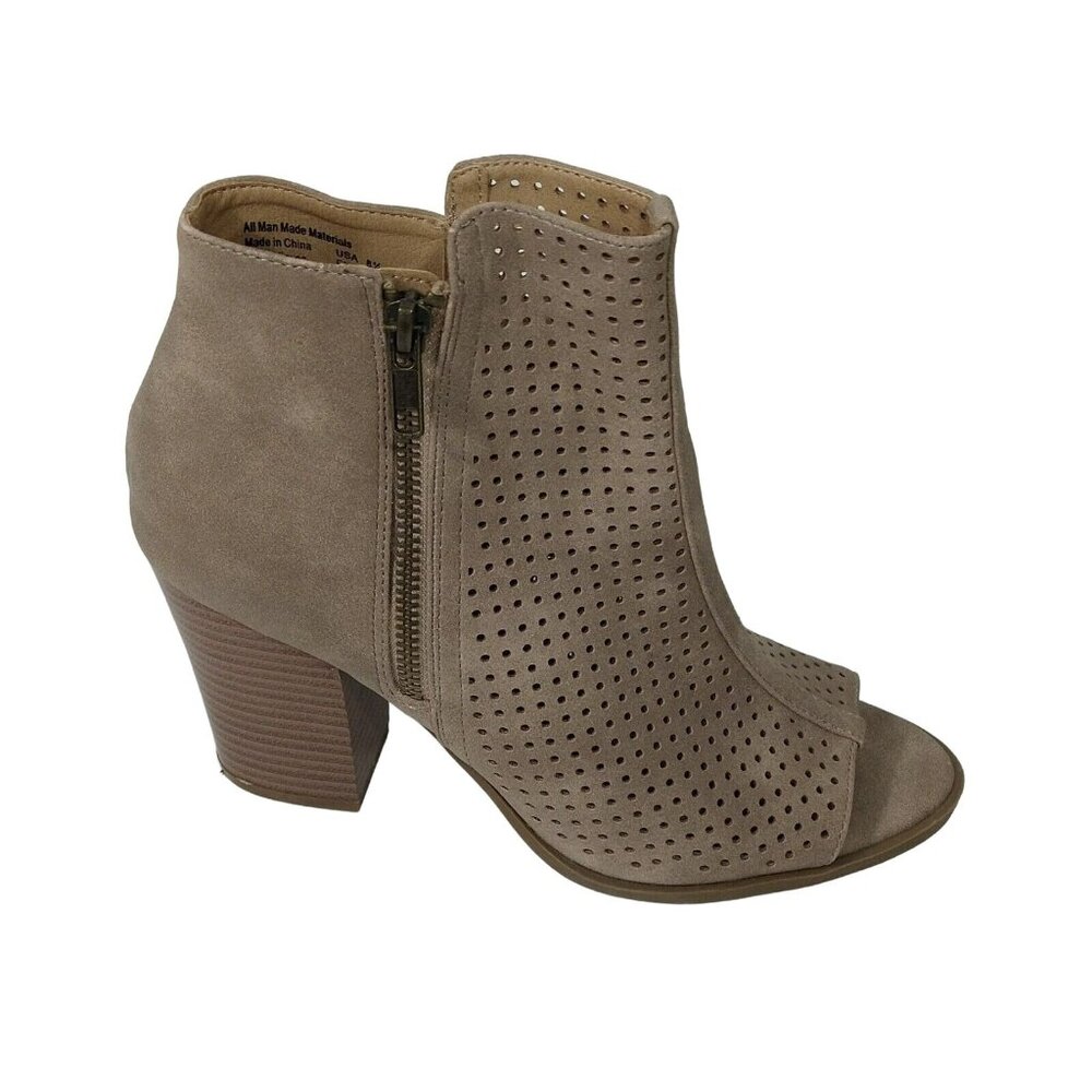 Brash Open Toe Booties Cut Out Block Heel Women Size 8.5 Tan Brown Zipper